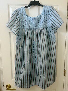 Mi Golondrina Oaxaca Embroidery Dress Light Blue with Stripes NWT